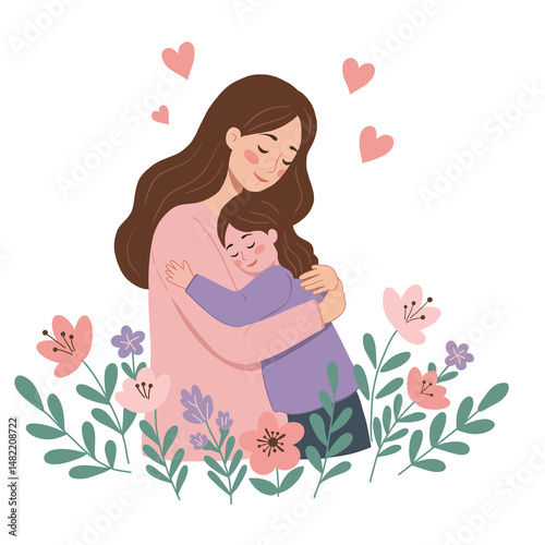 Mother and Child Embracing with Hearts and Flowers against a Transparent Background
