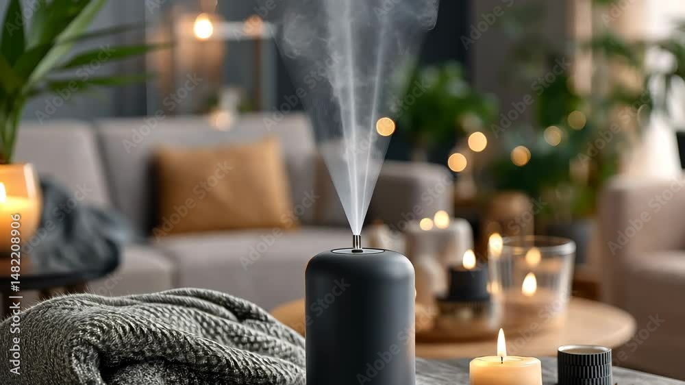 Experience the ultimate indoor relaxation by unwinding in a cozy living room adorned with a calming diffuser and warm candles during a serene evening