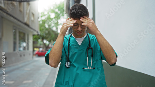Frustrated young hispanic male doctor stands on urban street feeling stressed with hands on head reflecting medical burnout outdoors