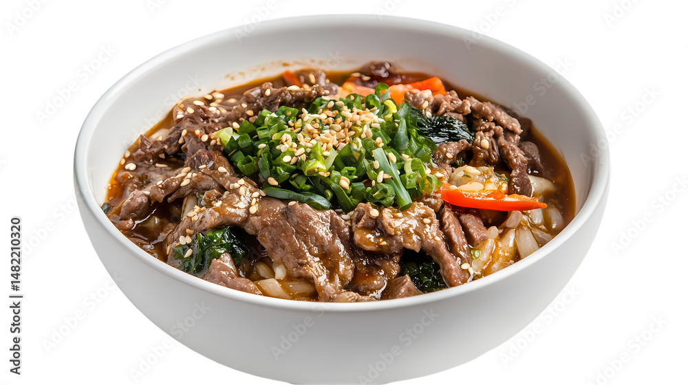 Beef Udon Noodles Sesame Asian Recipe isolated on transparent background Beef Udon Noodles Sesame Asian Recipe isolated on transparent background