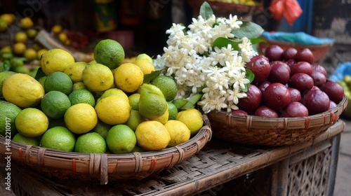 Wallpaper Mural Baskets filled with lemons flowers and plums on a wooden surface outdoors. Torontodigital.ca
