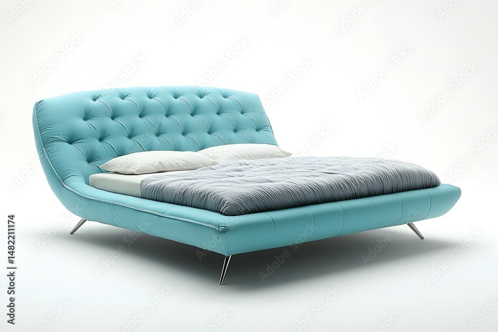 Fototapeta premium Light blue fabric modern bed with white and grey bed linen. Interior design concept. Isolated object on white background.