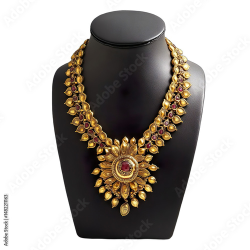 Traditional gold necklace, floral kundan pendant, heritage-inspired design, black leather mannequin stand isolated on transparent background