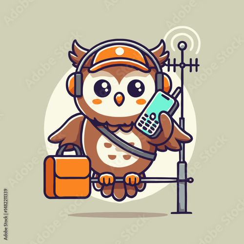Cartoon Owl Wearing Headphones Holding Mobile Phone and Toolbox Standing Near Antenna