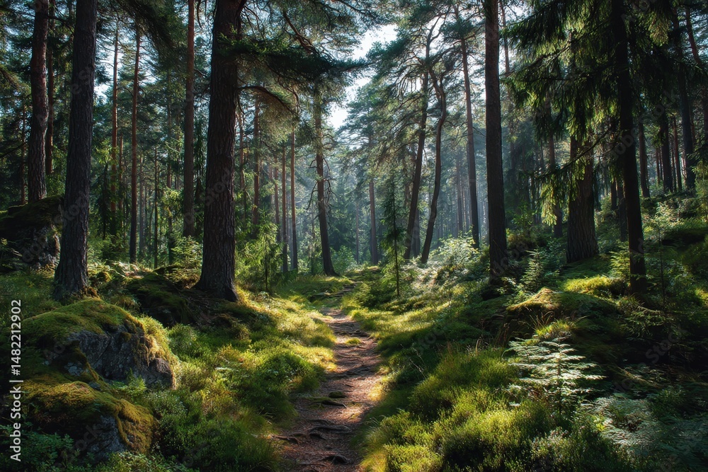 Fototapeta premium Forest pathway surrounded by dense trees and greenery.