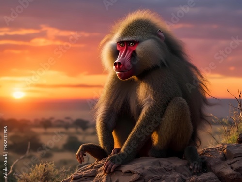 Majestic Mandrill at Sunset in African Savanna