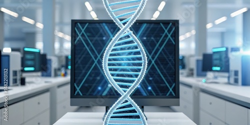 High-tech laboratory setting featuring a DNA helix displayed on a computer screen, symbolizing genetics and biotechnology research.