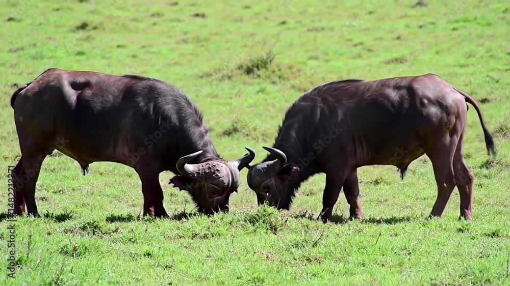 Powerful African buffalos engage in a fierce battle on the grassy meadow,a breathtaking display of strength and energy Powerful African buffalos engage in a fierce battle on the grassy meadow,a breathtaking display of strength and energy