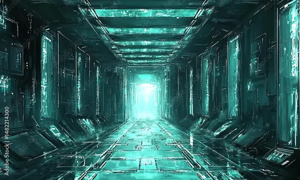 Futuristic tunnel glowing turquoise