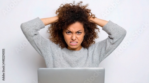 Frustrated Woman Angrily Closing Laptop Lid in Office Setting