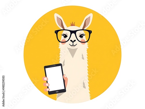 Spectacled llama on vibrant yellow background with smartphone screen