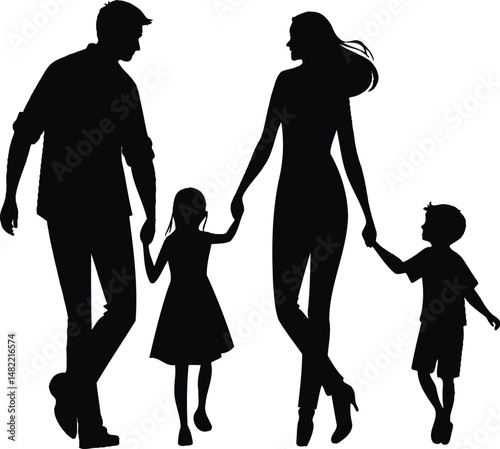 Vector Silhouette of Parents and Kids Walking Together