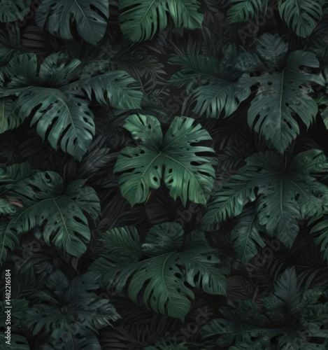 Intricate black and dark green tropical leaf pattern  Exotic wallpaper design , tropical, modern