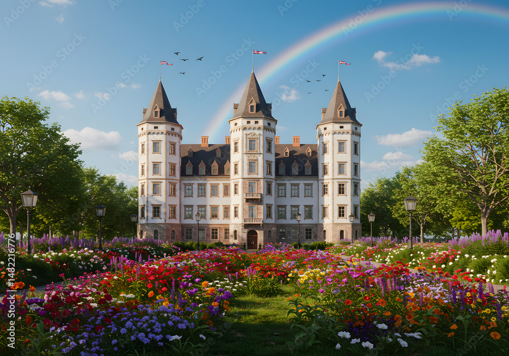 Obraz premium Majestic castle with rainbow and vibrant gardens in a picturesque landscape