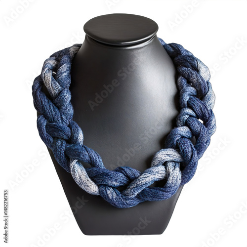 Woven thread necklace, hand-dyed indigo fibers, knotted centerpiece, black leather mannequin stand, textile artistry isolated on transparent background