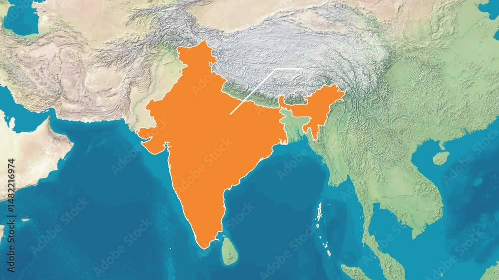 Zoom from Earth to India. World map animation with highlighted borders of countries. Satellite view of East Asia. Cinematic world map animation from outer space to territories, tourism, and travel. 4k