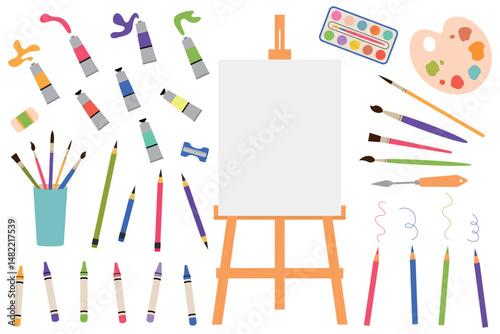 Collection for painting studio, art class studio. Easel with white canvas, watercolor paints, colored pencils, acrylic paints in tubes, brushes, palette of paints. Isolated vector illustration.