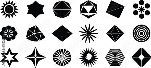 Set of brutalist abstract geometric shapes, Figures, stars, spiral flower and circle isolated on transparent background