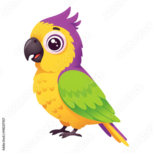 A Delightful Cartoon Parrot with Vibrant Yellow, Green, and Purple Feathers