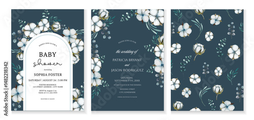 Botanical wedding or baby shower cards with watercolor cotton flowers and eucalyptus leaves. Design for invitation, greeting card or cover template