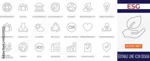 A clean and modern line icon set focused on ESG (Environmental, Social, Governance) themes, including sustainability, ethics, climate, diversity, compliance, and green energy. 