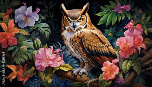 Horned owl, in the beautiful realistic deciduous with spring floral tropical rainforest
