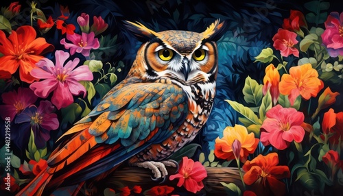 Horned owl, in the beautiful realistic deciduous with spring floral tropical rainforest