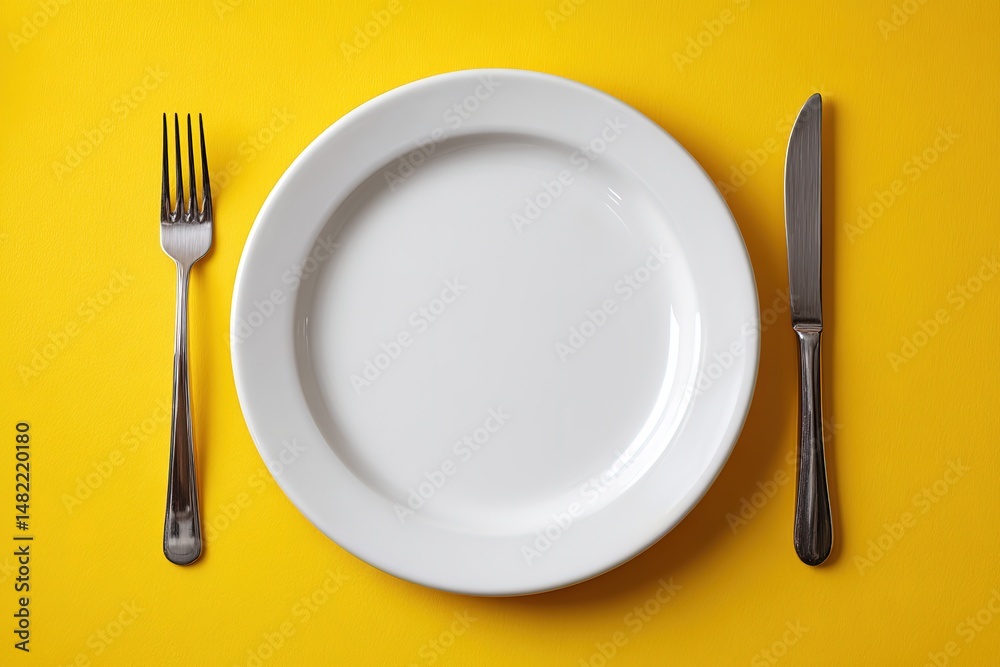 Top Down View of White Plate with Fork and Knife on Yellow Background, Minimalist Table Setting, Isolated Object, Bright Copy Space for Food Design, Dining Concept Top Down View of White Plate with Fork and Knife on Yellow Background, Minimalist Table Setting, Isolated Object, Bright Copy Space for Food Design, Dining Concept