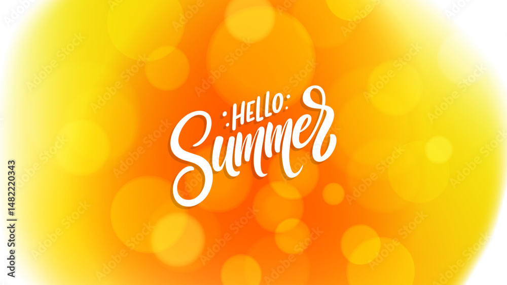 Fototapeta premium Hello Summer. Blurred background. Summertime banner with bright orange gradients and hand lettering for Summer season graphic design. Vector illustration.