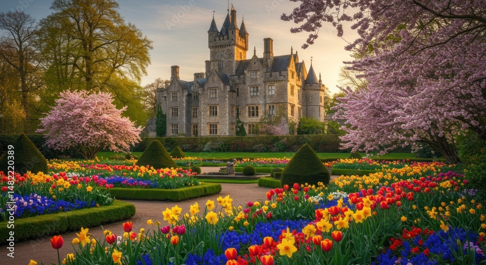 Obraz premium Enchanting castle garden: A breathtaking vista of floral artistry and architectural majesty