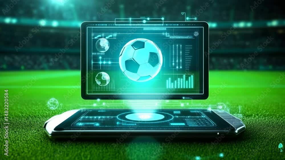 Futuristic interface showing soccer ball and game data projected above a smartphone on a green field in a lit stadium. Concept of sports technology and digital analytics
