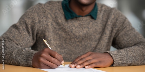 Student completing health insurance waiver form at desk in educational setting