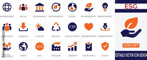 A clean and modern vector icon set focused on ESG (Environmental, Social, Governance) themes, including sustainability, ethics, climate, diversity, compliance, and green energy.