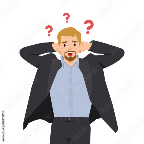 Worried man in a business suit looks overwhelmed, with question marks above his head. Flat vector illustration isolated on white background