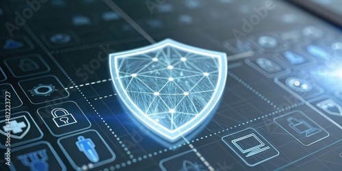 Digital shield icon representing cybersecurity on a tech-themed background with various interface elements.