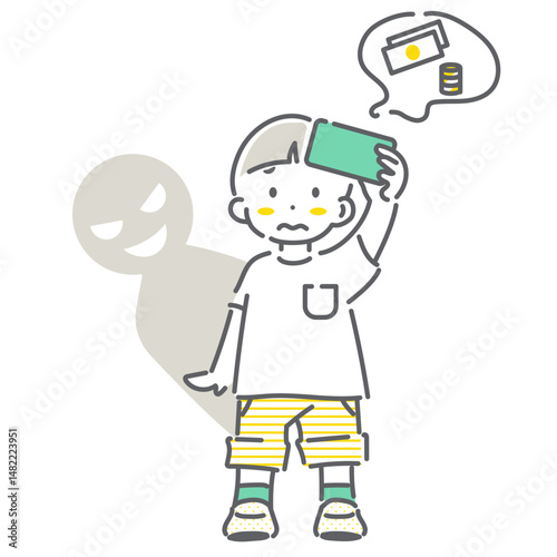 スマートフォンの使用でトラブルになる男の子　シンプルでかわいい線画イラスト