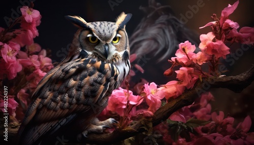 Horned owl, in the beautiful realistic deciduous with spring floral tropical rainforest