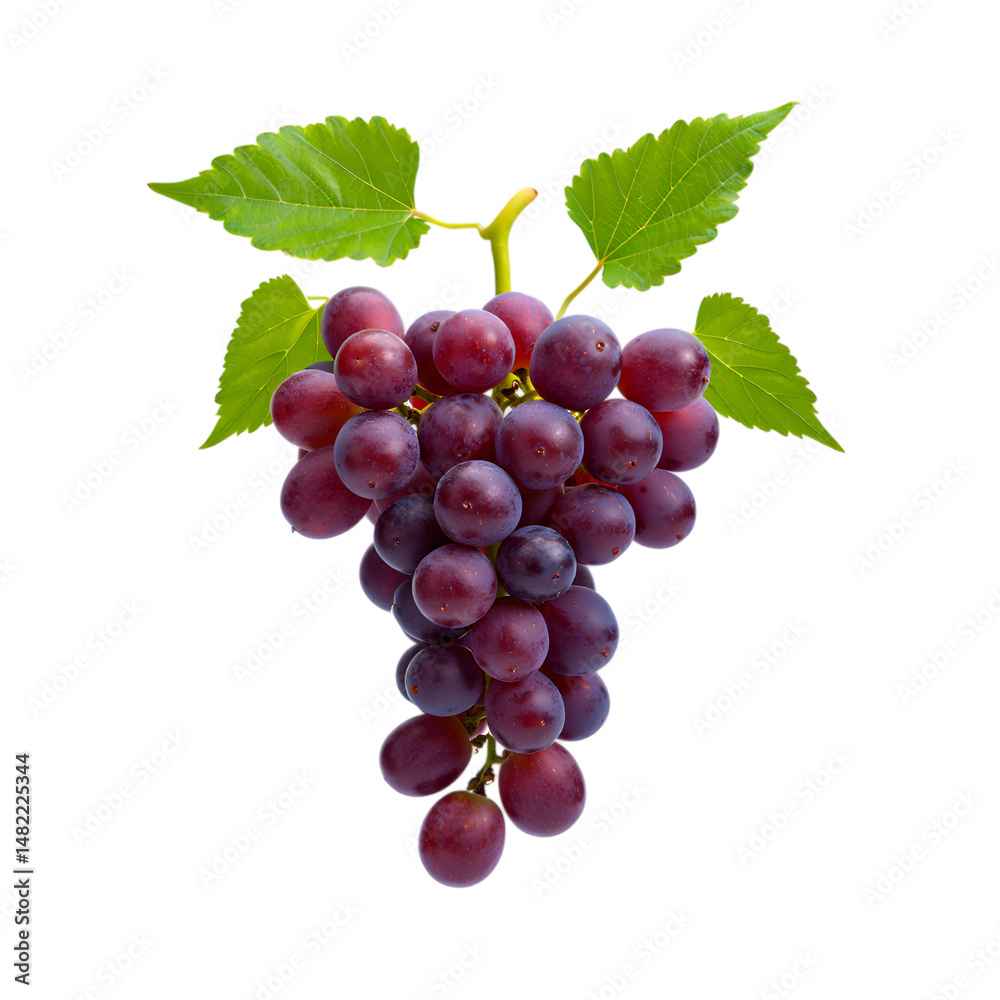 Fototapeta premium Bunch of dark red grapes with green leaves on a white background fresh fruit nature botanical isolated object healthy eating organic food ingredient sweet and juicy