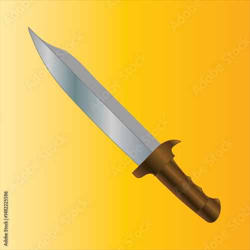 Medieval Sword Illustration with Wooden Handle on Yellow Background