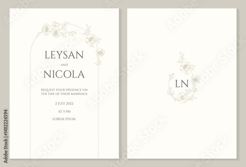 Wedding invitation. Hand-drawn oval and arched plant frames.