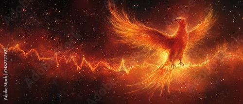 Majestic Phoenix Rising in Cosmic Flames with Electric Energy Waves