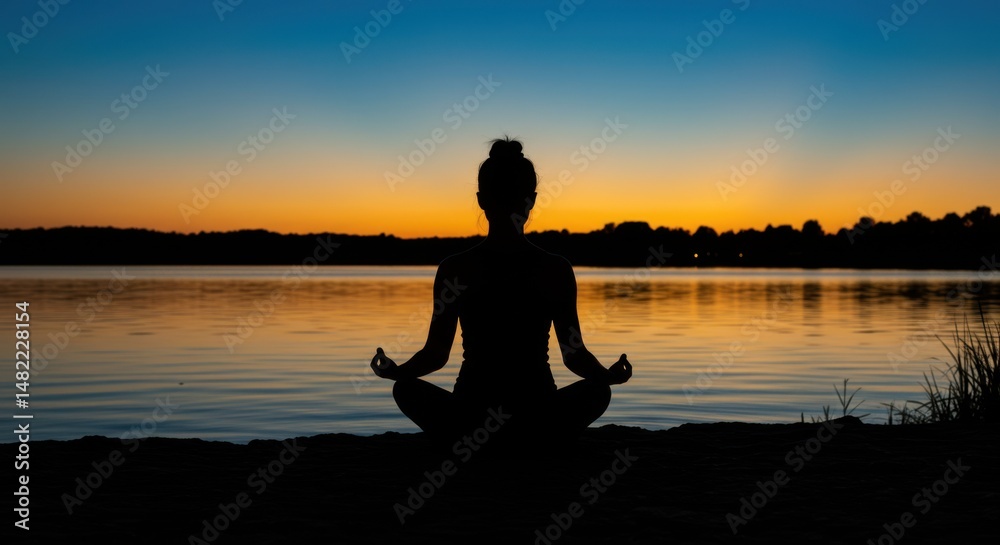 Silhouette meditating person reflecting serenity and calmness at sunset by the lake Silhouette meditating person reflecting serenity and calmness at sunset by the lake