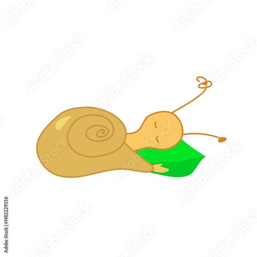 Fairy tale sleeping snail in vector, flat style.