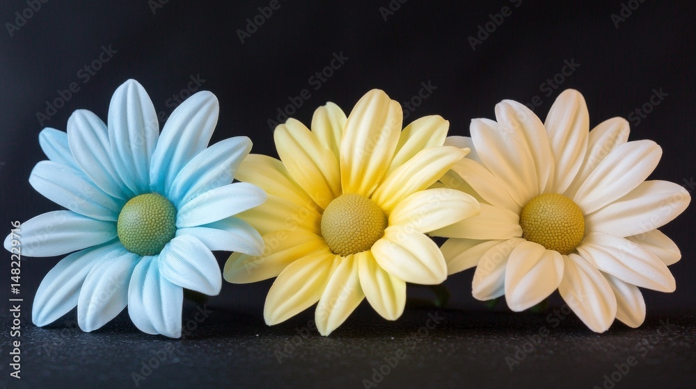 Obraz premium Colorful artificial daisies arranged neatly in a row, showcasing their vibrant petals and detailed textures