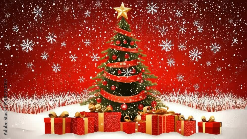 Christmas tree with gifts and snowflakes on red background.