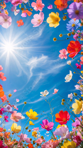 vibrant floral garden with blue sky background blooming flowers in spring and summer nature photography outdoor colorful scenic view botanical florals photography wallpaper background