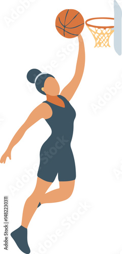 a female basketball player slam dunk, scoring the ball to the net
