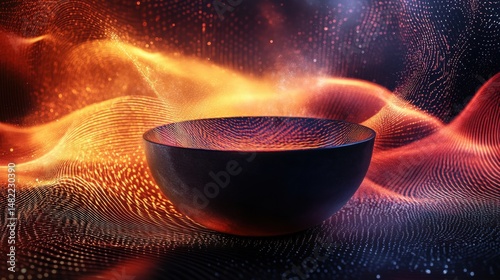 High-definition visualization of sound waves emanating from a bowl, intricate energy flow patterns