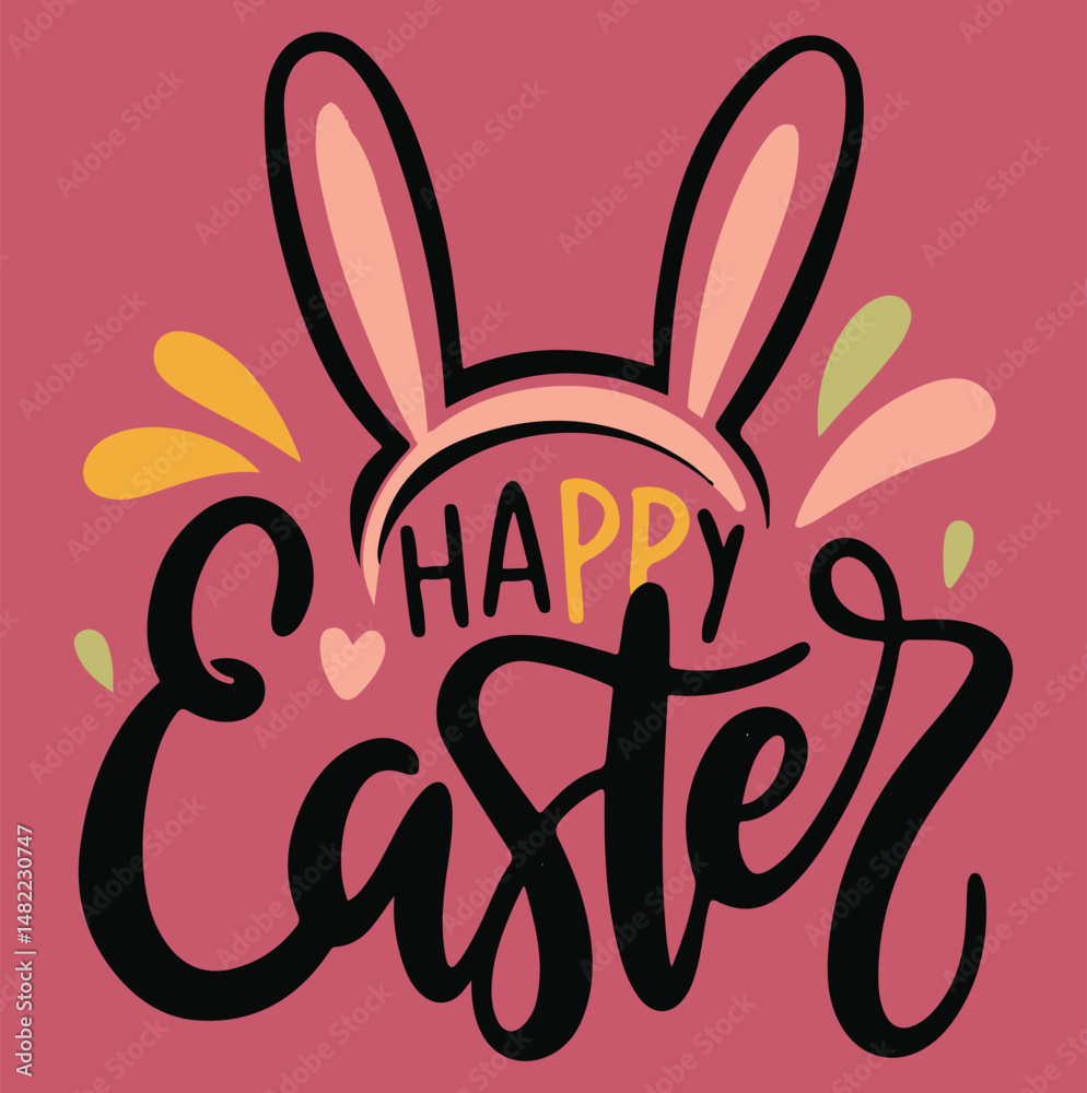 Obraz premium happy easter handwritten typography vector with bunny ear