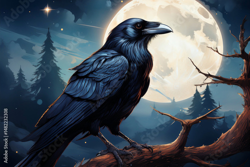 A black raven sits on a tree branch against the backdrop of the moon.